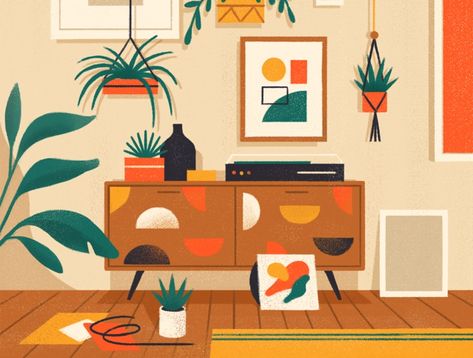 Brad Cuzen, Mid Century Room, 동화 삽화, Mid Century Illustration, Simple Designs To Draw, Interior Illustration, 캐릭터 드로잉, Mid Century Art, Design Living Room