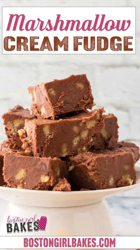 This marshmallow cream fudge, or Fantasy Fudge recipe, is made with marshmallow fluff, toasted walnuts, and a little vanilla for extra flavor! This marshmallow fudge recipe is perfect for gifting to family and friends, or keeping on hand to easily satisfy your sweet tooth. And the best part is this fudge is made on the stovetop so no need to turn your oven on. | @bostongirlbakes #marshmallowcreamfudge #holidayfudgerecipes #christmasfudge Fudge With Miniature Marshmallows, Fudge Recipe With Marshmallow Cream, Fudge Using Marshmallow Fluff, Creamy Fudge Recipes Marshmallow Cream, Fudge Marshmellow Recipes, Fudge With Fluff Marshmallow Cream, Marshmallow Cream Fudge Easy, Easy Fudge With Marshmallow Cream, Marshmallow Crème Fudge