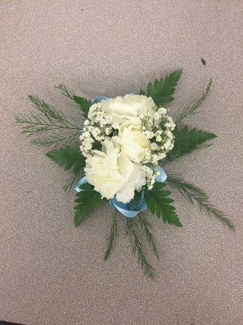 Corsage White And Blue, White Carnation Boutonniere, Light Blue And White Corsage And Boutonniere, Blue White And Silver Corsage, White Corsage With Blue Accent, Blue Corsage, White Corsage, Mini Carnations, Light Blue Ribbon