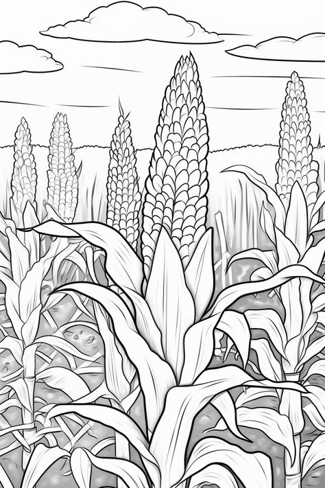 Premium AI Image | a drawing of a corn field with a corn stalk in the middle generative ai How To Paint Corn Stalks, Corn Field Illustration, Corn Maze Drawing, Cornfield Drawing, Corn Field Drawing, Iowa Landscape, Corn Drawing, Farm Drawing, Field Drawing