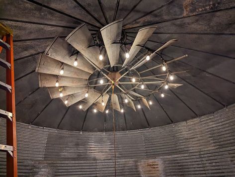 Binzebo, Grain Bin Repurposing | Finally got my 8' fan put up and lit it up | Facebook Silo Porch, Binzebo Ideas, Grain Bin Bar, Grain Bin Gazebo, Bin Bar, Bin Gazebo, Grain Bins, Yard Makeover, Lumber Yard