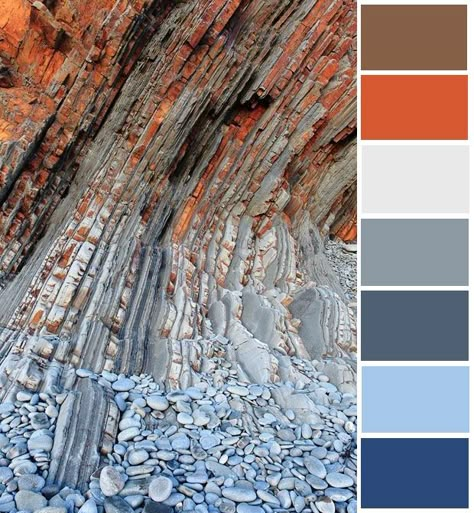 Blue, grey, rust color palette for living room Rust Gray Color Palette, Gray And Rust Bedding, Brown Rust Blue Living Room, Blue Grey Orange Color Scheme, Blue Grey Rust Color Scheme, Blue Orange Color Palette Living Room, Rust And Grey Color Palette, Blue Grey Brown Color Palette, Rust And Grey Living Room