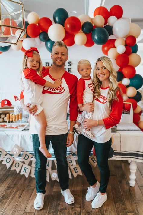 Rookie Of The Year Shirt Family, 1st Birthday Party Rookie Year, Baseball 2nd Birthday Party Ideas, Rookie Of The Year First Birthday Family Shirts, 1st Rookie Of The Year Party, One Rookie Year, Rookie Year Balloon Arch, Baseball Fourth Birthday, Baseball Themed 2nd Birthday Party