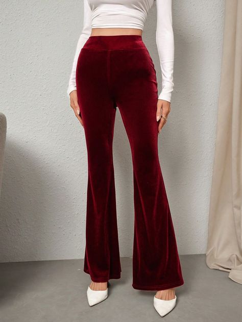 Women's Vintage Red Velvet Flare Pants Burgundy Elegant   Knitted Fabric Plain Flare Leg Slight Stretch  Women Clothing, size features are:Bust: ,Length: ,Sleeve Length: Red Flare Pants Outfit, Velvet Flare Pants Outfit, Red Velvet Pants, Velvet Flare Pants, Red Flare, Velvet Flares, Velvet Pants, Red Bottoms, Styl Vintage