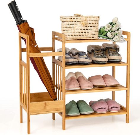 COSTWAY 4-Tier Bamboo Shoe Rack with Umbrella Holder, Freestanding Wooden Shoe Shelf Storage Stand, Home Hallway Entryway Shoes Organiser Unit : Amazon.co.uk: Home & Kitchen 4 Tier Shoe Rack, 4 Tier Shelf, Bamboo Storage, Bamboo Shoe Rack, Shoe Rack Bench, Entryway Organizer, Shoe Rack Entryway, Shoe Rack Organization, Umbrella Holder