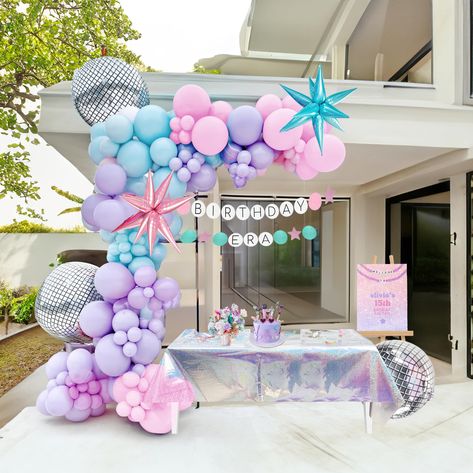 PRICES MAY VARY. 【 Pink and purple blue balloon garland arch kit 】: This set includes 140pcs latex balloons (Color inPastel Pink,Pastel Blue, Pastel Purple , ,Metallic Blue. Size 5", 10", 12", 18" and also includes 2 x 22" 4D Disco Balloons and 1 Pink Exploding Star Balloon and 1Blue Exploding Star BalloonBalloons), 3pcs balloon arch accessories. Glue dots,ribbons,arch strip for DIY Balloon arch kit. 【Create a Dreamy Music Party】: Decorate your celebration with these fun Singer birthday balloons Shimmer Birthday Party Ideas, Pink And Purple Disco Party, 10 Th Birthday Decoration For Girl, Unicorn Birthday Party Balloons, Girls 9th Birthday Party Themes, Birthday Era Party, Taylor Swift Balloon Arch, Eras Party Decor, Dance Themed Birthday Party