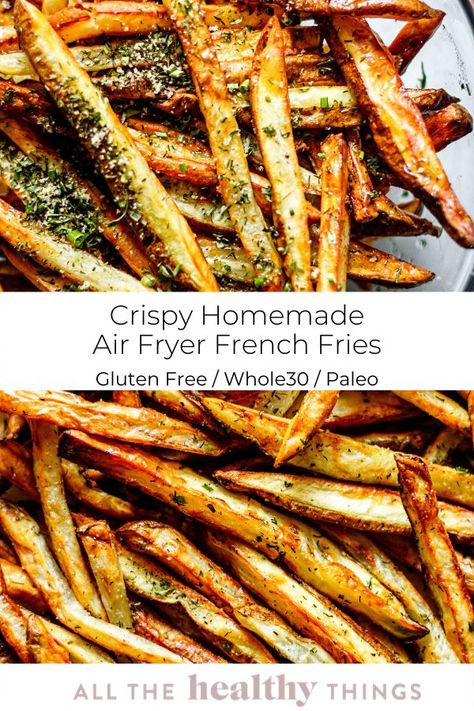 Crispy homemade french fries made in the air fryer! These french fries are made with minimal oil which makes them healthier than traditional fries but they still get still nice and crispy.Everyone will love these homemade french fries and the recipe is Whole30 compliant, Paleo friendly, and naturally gluten free! Air Fryer Gluten Free Recipes, Whole 30 Air Fryer, Homemade Air Fryer French Fries, Gluten Free French Fries, Broccoli Salads, All The Healthy Things, Kid Friendly Meals Easy, Air Fryer French Fries, Healthy Kid Friendly Meals