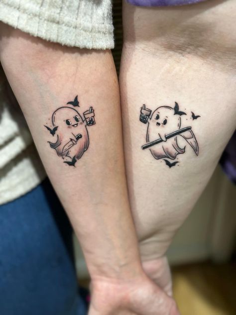 Halloween Couples Tattoo, His And Hers Ghost Tattoos, Friday The 13th Couples Tattoo, Matching Voodoo Doll Tattoo, Matching Fall Tattoos, Sister Halloween Tattoos, Goth Sister Tattoos, Gothic Friendship Tattoos, Halloween Couple Tattoos