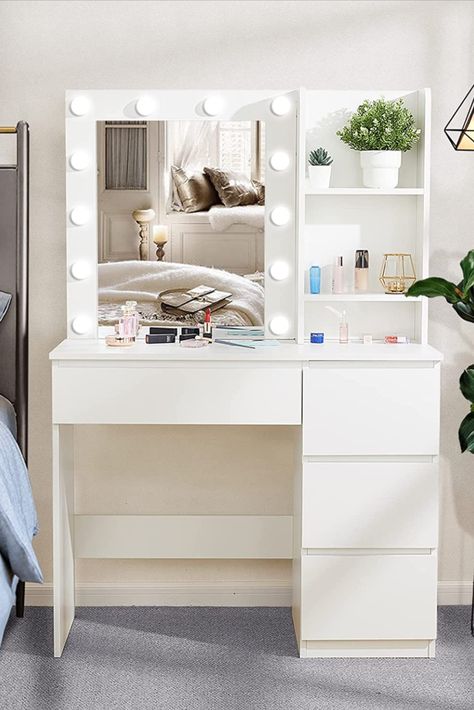 Vanity Mirror Small Space, Vanity With Study Table, Affordable Vanity Ideas, Small Vanity For Bedroom, Bedroom Vanity Ideas Makeup Desk Small Spaces, Compact Makeup Vanity, Corner Bedroom Vanity, Vanity Set Up Ideas Small Spaces, Mini Vanity Small Spaces Bedroom