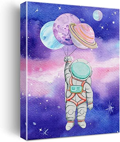 Astronaut Canvas Painting, Astronaut Drawing, Space Watercolor, Planet Painting, Space Canvas, Space Drawings, Nursery Canvas, Space Artwork, Space Painting