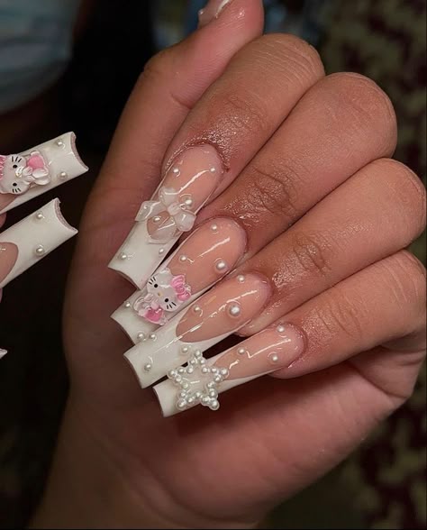 Kawaii Nails French Tip, Extra Nails With Charms, Long Nail Designs With Charms, 3d Acrylic Nail Art Designs, Nail Inspo Pink And White, Hello Kitty Birthday Nails, Y2k Birthday Nails, Acrylics With Charms, White Hello Kitty Nails