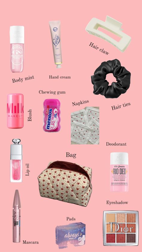 🎀🫶🏻🌸💫 Makeup Bag Essentials School, Things To Keep In Your School Bag, What To Pack In Your School Bag, Makeup Bag For School, Bag Essentials School, School Makeup Bag, Purse Essentials List, Pouch Essentials, Kit For School