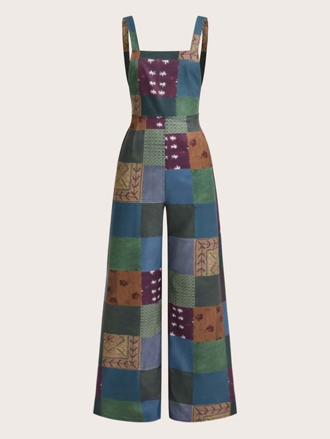 Multicolor Boho Collar Sleeveless Woven Fabric Patchwork Cami Embellished Non-Stretch  Women Jumpsuits & Bodysuits 70s Jumpsuits For Women, Patchwork Outfit, 60s Outfit, Patchwork Overalls, 70s Jumpsuit, Jumpsuit Pattern Sewing, Patchwork Pants, Patchwork Clothes, Fabric Patchwork