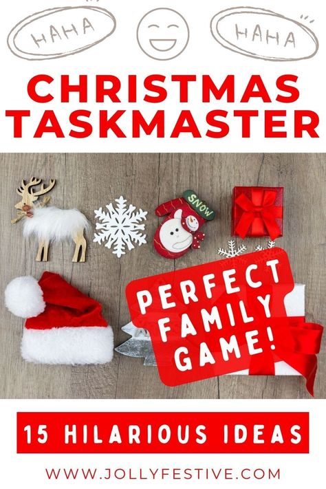 This hilarious idea is the perfect fun Christmas game for the whole family! Recreate the famous TV show at home with our laugh out loud Taskmaster game ideas - 15 fun challenges to try. Simple, cheap and ideal for the whole family - a fantastic holiday game idea. The perfect Christmas party game for an office Christmas party or Christmas game for teens, this Christmas Taskmaster game at home will keep the whole family busy! Happy family fun time! Family Contest Ideas, Taskmaster Games At Home, Christmas Game Show Ideas, Teen Christmas Scavenger Hunt, Free Christmas Games For Kids, Christmas Challenge Ideas, Office Christmas Activity Ideas, Christmas Family Games With Gifts, Taskmaster Ideas