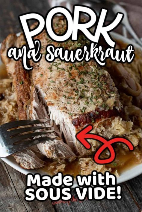 Our traditional New Year's meal is pork and sauerkraut and it is meant to bring good luck in the New Year. This sous vide pork and sauerkraut recipe is amazing because you can choose the doneness of the pork without over cooking it. New Year’s Day Pork And Sauerkraut, Pork And Sauerkraut Stovetop, Pork Loin And Sauerkraut In Oven, Pork And Sauerkraut Oven, Pork And Sauerkraut Crockpot, Crockpot Pork And Sauerkraut, New Year's Meal, Pork And Sauerkraut Recipe, Pork Roast And Sauerkraut