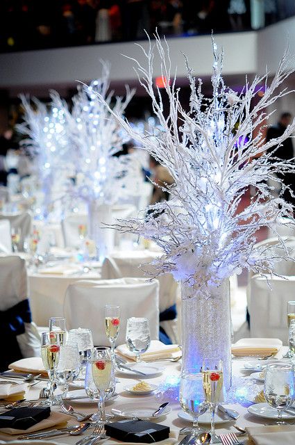 Winter Theme Centerpiece | Flickr - Photo Sharing! Branch Centerpieces Christmas, Winter Wonderland Wedding Centerpieces, Gala Centerpieces, Winter Wonderland Centerpieces, Winter Gala, Wonderland Party Decorations, Branch Centerpieces, Winter Wonderland Decorations, Gala Themes