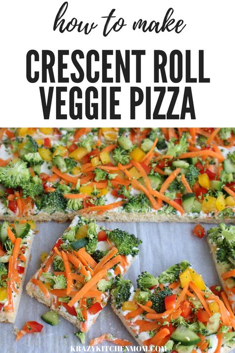 Crescent Roll Veggie Pizza a fresh way to eat veggies. It's made with refrigerator crescent roll dough, homemade dill dip and lots of fresh vegetables. I'd say it's a classic! Homemade Dill Dip, Crescent Roll Veggie Pizza, Crescent Roll Pizza, Dill Dip, Crescent Roll Recipes, Eat Veggies, Veggie Pizza, Crescent Roll Dough, Crescent Roll