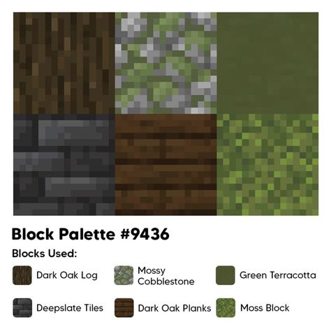 Minecraft House Ideas Cobblestone, Dark Oak Pallet Minecraft, Dark Academia Minecraft Block Palette, Minecraft Green Color Palette, Minecraft Block Palette Birch, Minecraft Pallete Blocks, Minecraft Green Block Palette, Best Minecraft Block Combinations, Block Pallet Ideas Minecraft Spruce