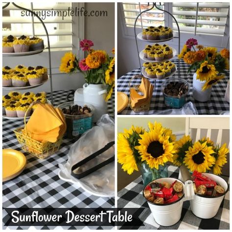 Sunflower Buffet Table, White Enamelware Decor, Sunflower Dessert Table Ideas, Sunflower Themed Party, Decorating Ideas For Wedding, Enamelware Decor, Bridal Shower Table Decorations, Themed Party Ideas, Sunflower Bridal Shower