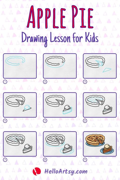 Step by step images demonstrating an how to draw an apple pie - A Drawing Tutorial for Beginners! Apple Pie Drawing Easy, How To Draw A Pie, Pie Drawing Easy, Apple Pie Drawing, Apple Pie Art, Draw An Apple, Pie Drawing, Draw Food, Pie Art