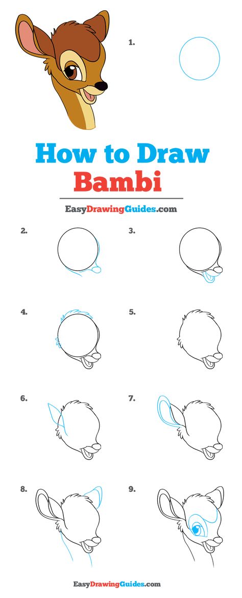 How to Draw Bambi - Really Easy Drawing Tutorial Bambi Drawing Sketches, Drawing Like Disney, How To Draw Bambi Step By Step, Bambi Disney Drawing, Easy How To Draw Disney Characters, How To Draw Bambi, Disney Sketches Easy Step By Step, Step By Step Drawing Characters, Bambi Drawings Easy