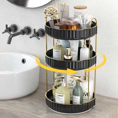 PRICES MAY VARY. STYLISH MATRIALS: JNFUZ bathroom storage is made of high-quality PET material and equipped with sturdy metal brackets and metal handles, which are sturdy and it is easy to install; skin care organizer can meet daily storage needs and add a touch of decoration to the overall atmosphere of your house 360° ROTATING DESIGN: makeup organizer for vanity adopts a 360-degree rotating design to keep items at your fingertips. The open design makes your items clearly visible. The raised ed Modern Apartment Decor Bathroom, Organizing Bathroom Countertop, Makeup Organization Bathroom Counter, Small Bathroom Countertop, Organize Bathroom Counter, Bathroom Countertop Organization, Seasoning Shelf, Makeup Organizer Bathroom, Bathroom Counter Storage