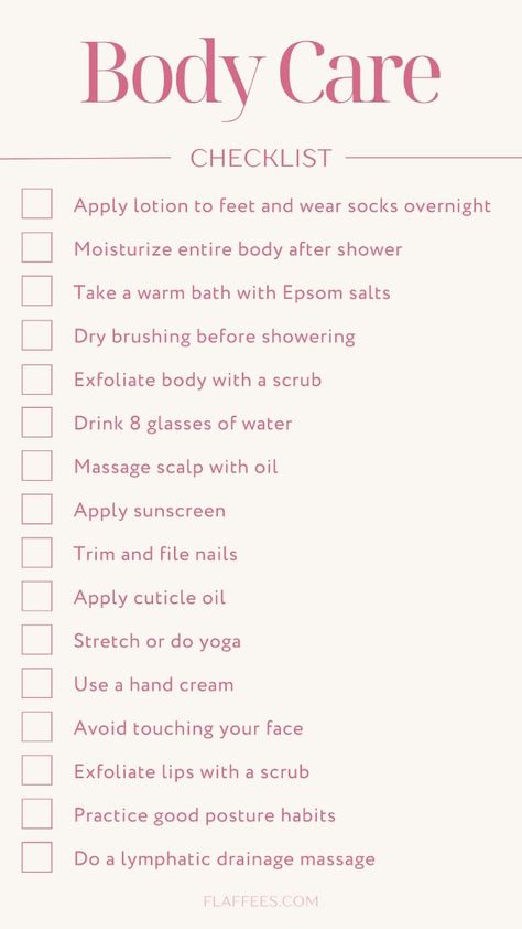 #affiliate Ultimate Body Care Checklist for Radiant Skin & Wellness in 2024 | Body care, How to do yoga, Body exfoliator Self Maintenance Checklist, Skin Care Routine Printable, Self Care List For Women, Body Brushing Before And After, Weekly Shower Routine, Maintenance Checklist Beauty, Skin And Body Care Tips, Body Care List, Clean Body Care