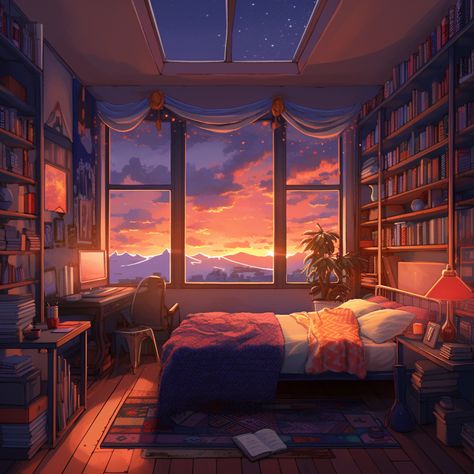 Here Fm Backgrounds Room, Cozy Anime Room, Room Illust, Cozy Room Drawing, Anime Bedrooms, Lofi Bedroom, Anime Bedroom Background, Penthouse Bedroom, City Bedroom