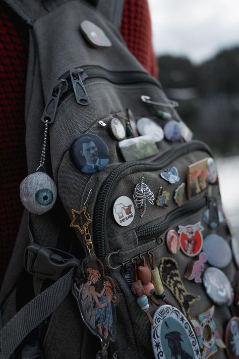 Fashion: #fashion, #style, #outfitinspiration, #beauty Backpack With Pins Aesthetic, Goblincore Backpack, Messenger Bag With Pins, Bag With Pins Aesthetic, Messenger Bag Aesthetic, Decorated Backpack, Punk Backpack, Backpacks Aesthetic, Grunge Backpack