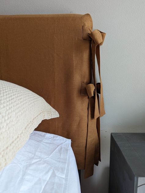 Transform your bedroom with this linen headboard. It comes in multiple sizes and colors. It is really easy to install, simply open it over the headboard, fold the sides and tie the bows. Because this is an open panel, it will adjust to any depth.  *Drop is 25 inches. Tie On Headboard Cushion, Squiggle Headboard, Scandi Headboard, Drapery Headboard, Reupholstered Headboard, Fabric Headboard Ideas, Headboard Ideas Diy, Canvas Headboard, Slipcover Headboard