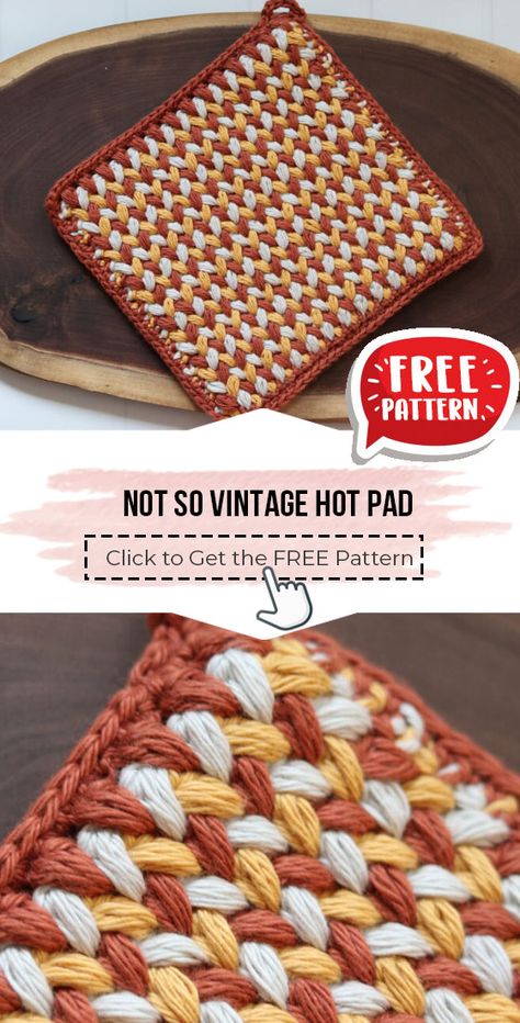 crochet Not So Vintage Hot Pad free pattern - FREE Crochet Potholder Pattern for Beginners. Click to Get the Pattern #Potholder #crochetpattern #crochet via @shareapattern.com Crochet Projects Potholders, Crochet Fall Hot Pads, Crochet Cotton Potholders, Round Potholder Crochet Pattern Free, Oven Mit Crochet Pattern, Crochet Patterns Pot Holders Free, Fun Crochet Potholders, Granny Square Pot Holder Free Pattern, Crochet Kitchen Potholders