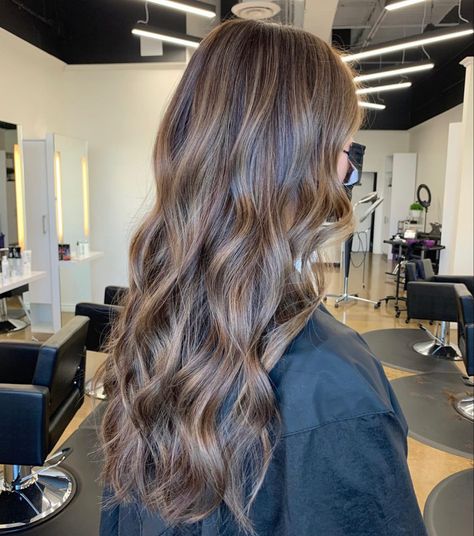 Balayage On A Brunette, Lowlight Highlight Brown, Dark Brown With Ash Brown Highlights, Brown Hair Caramel Babylights, Dark Brown Hair With Hazelnut Highlights, Janelle Laureano, Glowy Brown Hair, Brunette Hair Inspo Highlights, Blended Highlights And Lowlights Brown