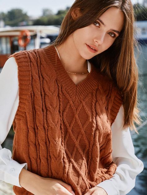 Orange Knit Vest Outfit, Orange Sweater Vest Outfit, Orange Sweater Vest, Knit Vest Outfit, Cable Knit Sweater Vest, Sweater Vest Outfit, Cable Knit Vest, Orange Knit, Vest Outfit