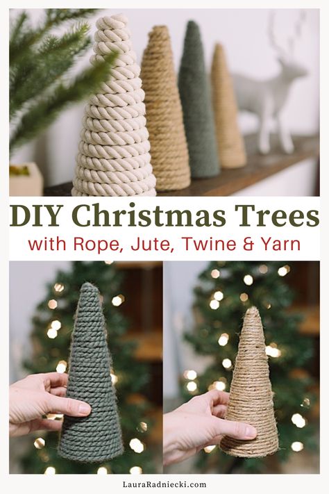 How To Make Yarn Wrapped Christmas Trees, Paper Cone Christmas Trees Diy, Twig And Yarn Christmas Tree, Wool Xmas Trees, Diy Rope Christmas Tree, Sisal Trees Christmas Decor, Diy Christmas Trees With Yarn, Foam Board Christmas Tree, Rope Christmas Ornaments