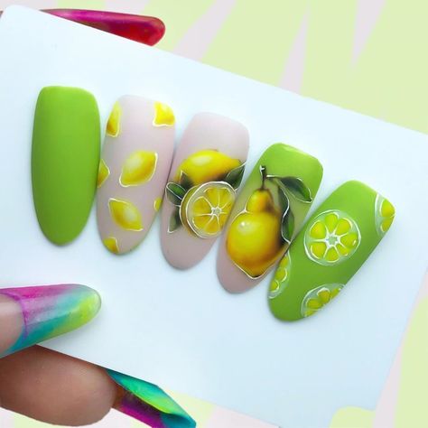 Lime Nail Art, Lemon Nail Art, Lime Nails, Fruit Nail Designs, Fruit Nails, Lemon Nails, Pop Art Nails, Fruit Nail Art, New Nail Art Design