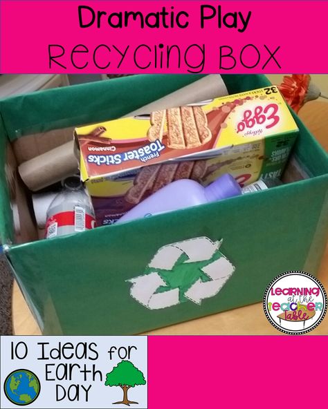 Bring recycling into your Dramatic Play center with this easy to make Recycling Box! Kids will reduce, reuse, and recycle with practical play as they pretend to sort trash and recyclables in the homeliving center. Reduce Reuse Recycle Activities For Toddlers, Earth Day Dramatic Play Preschool, National Recycling Week Activities, Dramatic Play Recycling Center, Recycle Dramatic Play Preschool, Creative Curriculum Reduce Reuse Recycle Study, Recycling Dramatic Play, Reduce Reuse Recycle Dramatic Play, Block Center Ideas Preschool