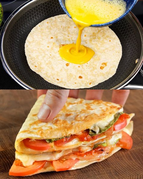 Quick and Easy Breakfast Tortilla with Mozzarella and Veggies - Greenku Recipes Breakfast Roll Ups Tortilla, Breakfast Corn Tortilla Recipes, Breakfast Quesadillas Recipes, Egg And Tortilla Recipes, Breakfast Ideas Tortilla, Tortilla Uses, Breakfast Tortilla Ideas, Breakfast With Tortillas, Breakfast Ideas With Tortillas