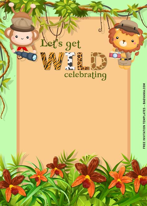 Awesome 11+ Cute Jungle Birthday Invitation Templates To Celebrate Your Kid's Birthday #free #freeinvitation2019 #birthday #disney #invitations #invitationtemplates Safari Theme Invitation Template, Jungle Theme Invitation, Jungle Theme Party, Jungle Birthday Invitations, Jungle Invitations, Boho Safari, Safari Invitations, Birthday Free, Wild One Birthday Invitations