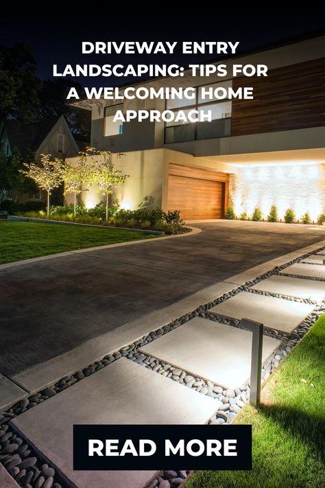 Elegantly lit driveway and walkway with lush garden leading to a modern home at dusk, with a "Driveway Entry Landscaping: Tips for a Welcoming Home Approach - Read More" overlay. Beside Driveway Landscaping, Path Next To Driveway, Landscape Next To Driveway, Walkway Next To Driveway, Entrance Garden Ideas Entryway, Side Driveway Ideas, Widening Driveway Ideas, Half Circle Driveway Landscaping, Driveway Extension Ideas