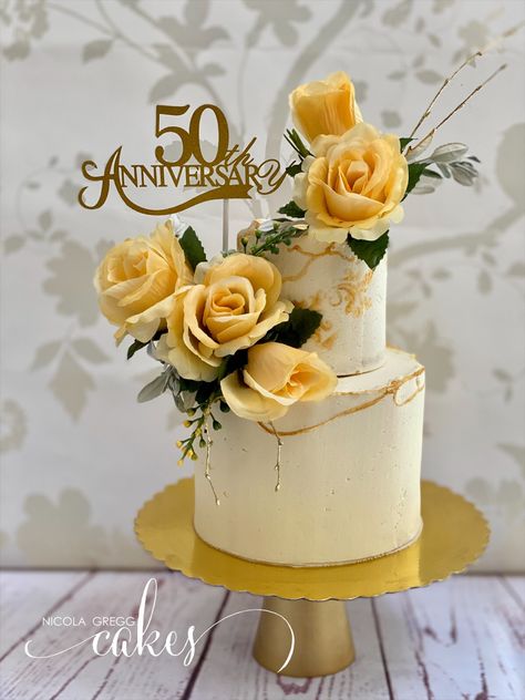 50th Golden Anniversary Cake, Wedding Cake With Yellow Roses, 2 Tier 50th Anniversary Cake, 50th Anniversary Cakes Gold 2 Tier, 50th Wedding Anniversary Cakes Gold, Golden Anniversary Cake, Yellow Rose Wedding, Golden Wedding Cake, Golden Wedding Anniversary Cake