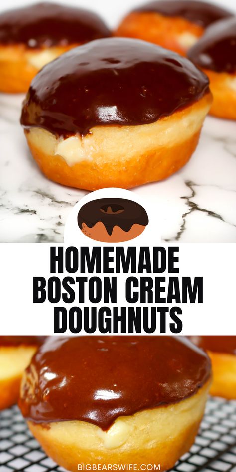 Dunkin Donuts Boston Cream Donut Recipe, Homemade Boston Cream Donut, Boston Cream Pie Donut, Boston Kreme Donut, Bavarian Creme Donut Recipe, Boston Creme Donuts Recipe, Bismarck Donut Recipe, Baked Boston Cream Donut Recipe, Jam And Cream Donut Recipe