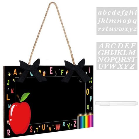 PRICES MAY VARY. Package contains: you will receive a personalized mini blackboard teacher door hanger with the size of 30 x 14 x 0.4 cm/ 11.81 x 5.5 x 0.16 inch and 2 letter templates (1 upper case and 1 lower case), and a erasable pen, which can make you easily DIY personalized classroom doorplate Lovely DIY design: teacher's name wooden hanging sign is designed with colorful letters, and fruits and palette patterns are added on both sides, which is cute and interesting; The middle part of the Teacher Door Hanger, Teacher Door Hangers, Classroom Welcome, Teacher Door, Erasable Pen, Teacher Doors, 2 Letter, Name Plaque, Name Plaques