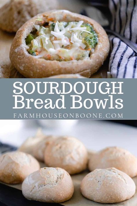 The most delicious homemade sourdough bread bowls, just like ones you would buy from a restaurant. Freshly bake and fill with your favorite soups for a super filling meal. #farmhouseonboone #sourdough #sourdoughbreadbowls #breadbowls