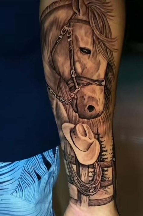 Lasso Tattoo Design, Mexican Horse Tattoo, Mens Horse Tattoo, Horse Tattoos Men, Men Country Tattoos, Farm Sleeve Tattoo, Western Floral Tattoo Sleeve Ideas, Horse Shoulder Tattoo, Horse And Rider Tattoo