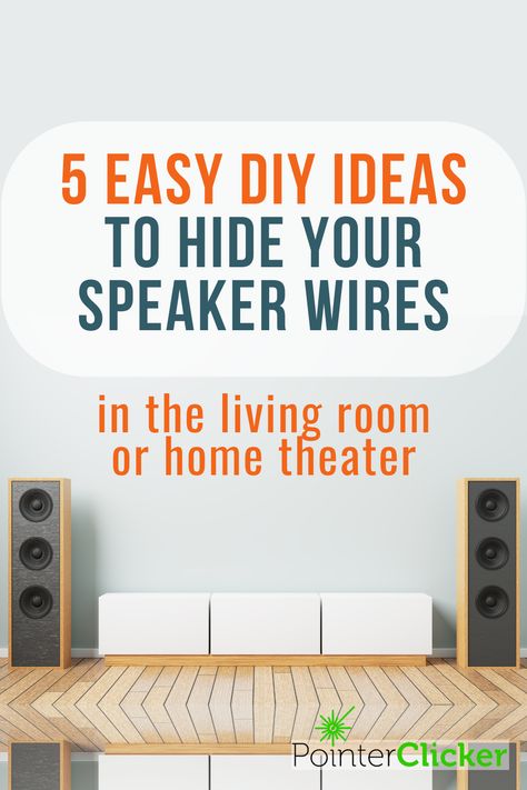 5 easy DIY ideas to hide your speaker wires in the living room or home theater Hide Speaker Wire, Hiding Speakers In Living Room Surround Sound, Home Theater Speakers Setup, Rear Speakers Living Room, Hiding Speakers In Living Room, Hide Speakers In Living Room, How To Hide Subwoofer Living Rooms, Living Room With Speakers, Living Room Speakers Ideas