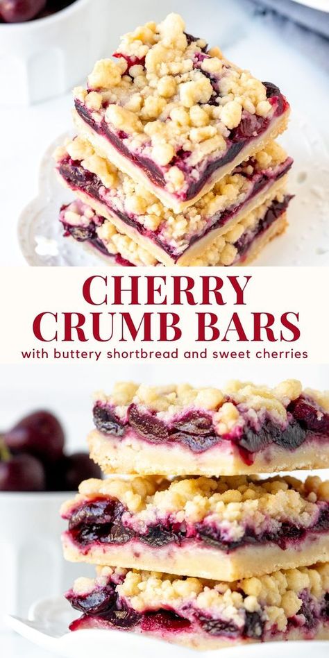 These cherry crumb bars have a buttery shortbread base, a thick layer of sweet cherries and a crumb topping. Perfect served cold from the fridge or with a scoop of ice cream #cherry #crumbbars #cheries #freshcherries #summer from Just So Tasty https://www.justsotasty.com/cherry-crumb-bars/ Triple Berry Bars, Thanksgiving Cherry Desserts, Desserts With Canned Cherries, Frozen Sweet Cherry Recipes, Cherry Crumble Cake, Cherry Shortbread Bars, Real Cherry Recipes, Chocolate Cherry Cheesecake Bars, Cherry Bars For A Crowd