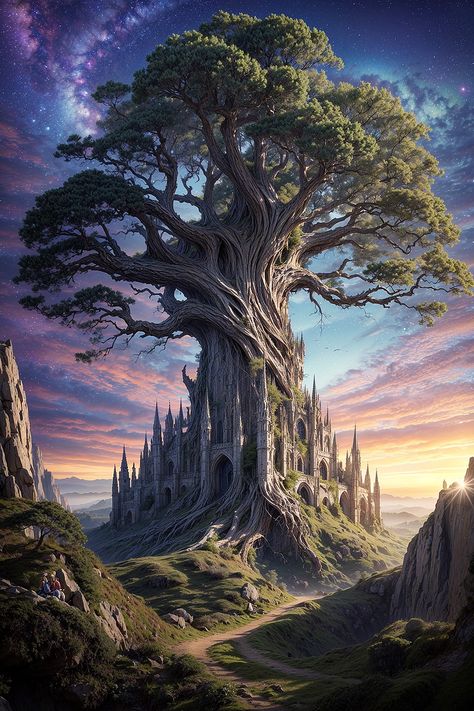 Elven Citadel: A Fusion of Nature and Magic* Explore the mystical beauty of this elven citadel, where ancient trees and fantastical architecture converge. This AI-created image brings the world of elves to life with incredible detail and imagination. A must-see for fantasy art lovers and those enchanted by mythical beings. #FantasyCharacters #Elves #AIArt #FantasyLandscapes #DigitalArt #Mystical Fantasy Citadel Art, Ancient Tree Fantasy Art, God Of Nature Fantasy Art, Elven Fantasy Art, Crystal Tree Fantasy Art, World Tree Fantasy Art, Fantasy World Art Dreams, Fantasy Citadel, Fantasy Tree Art