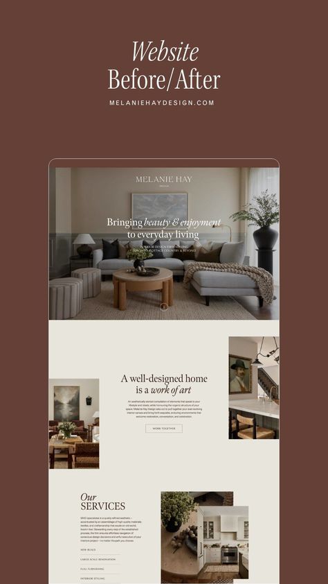 LAUNCH DAY 🚀 A little before & after for @melaniehaydesign, perfectly aligning her visual identity, brand messaging, digital environment… | Instagram Interior Design Website Inspiration, Interior Design Branding Identity, Modern Web Design Trends, Before After Design, Feminine Website Design, Digital Environment, Brand Messaging, Before After, Modern Website Design