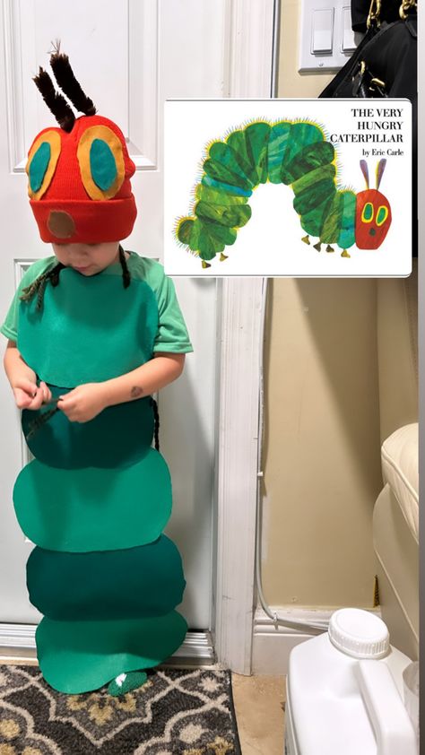 Easy Hungry Caterpillar Costume, Eric Carle Halloween Costumes, Diy Worm Costume, Catapiller Costume, Diy Very Hungry Caterpillar Costume, Very Hungry Caterpillar Trunk Or Treat, Diy Caterpillar Costume, Catapillar Costume, Caterpillar Costume Diy