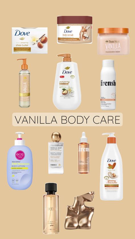 Vanilla body care routine Vanilla Self Care Products, Vanilla Shower Products, Vanilla Body Care, Eos Lotion, Body Care Collection, Vanilla Body Wash, Bath Routine, Diy Body Care, Shower Skin Care